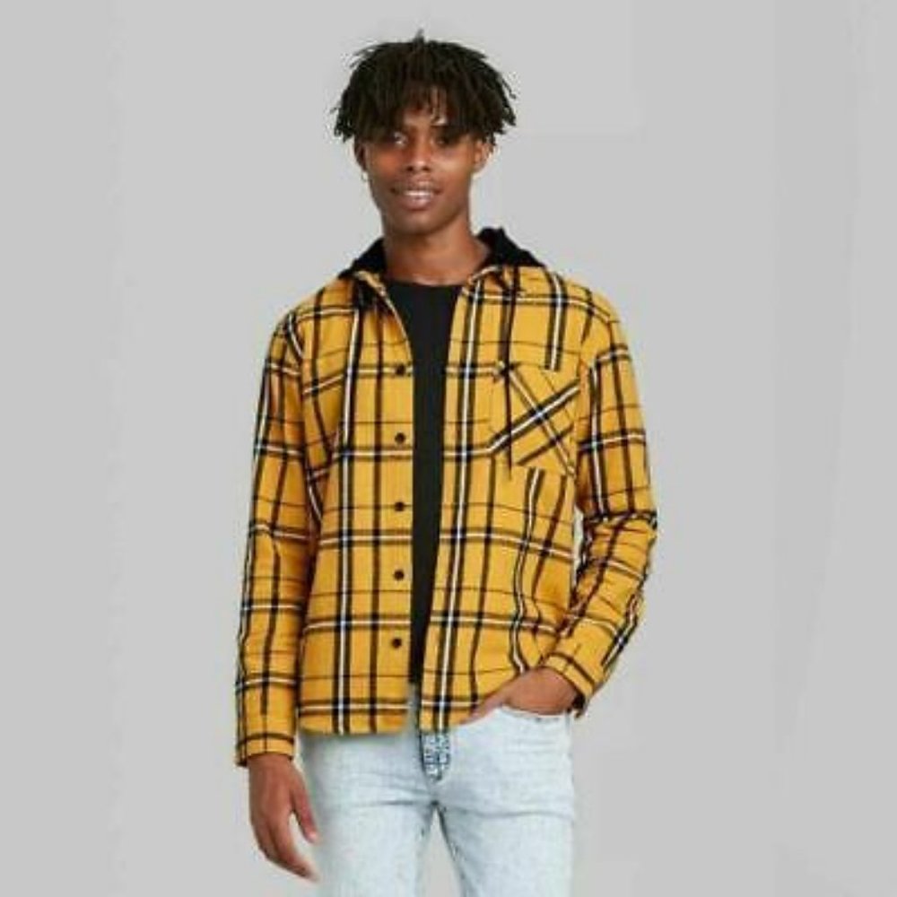 Original Use™ Long Sleeve Hooded Gold Plaid Shirt XS